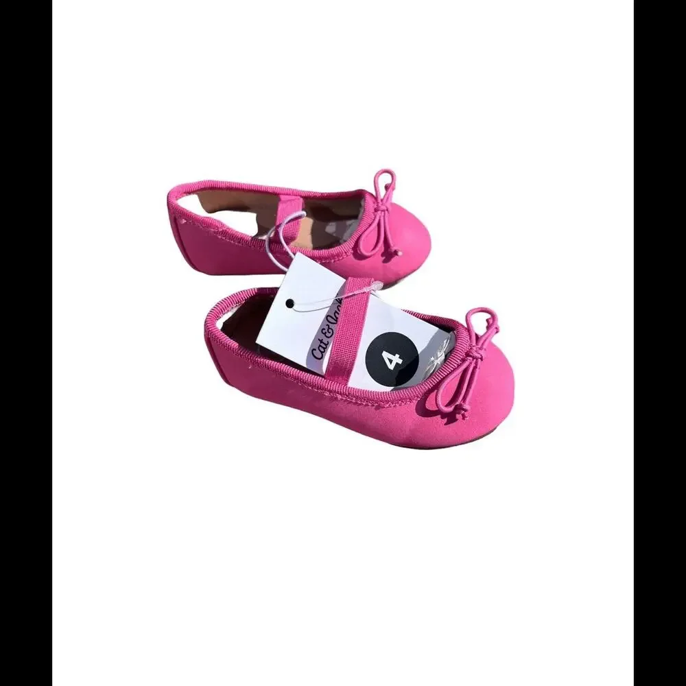 Cat‎ & Jack Toddler Girls Sz 4 Slip on Pink Fabric Ballet Flats W Bow Strap NIB